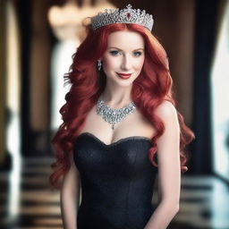 A beautiful woman with long red hair, wearing a shimmering tiara and a striking red necklace