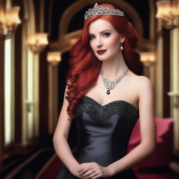 A beautiful woman with long red hair, wearing a shimmering tiara and a striking red necklace