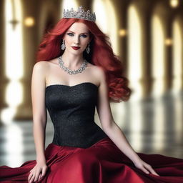 A beautiful woman with long red hair, wearing a shimmering tiara and a striking red necklace