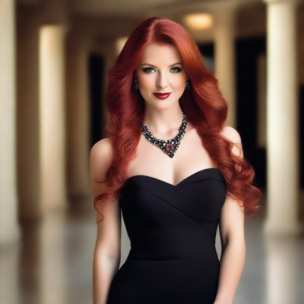 A beautiful woman with long red hair, wearing a striking red necklace