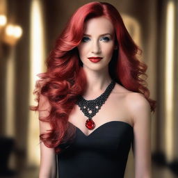 A beautiful woman with long red hair, wearing a striking red necklace