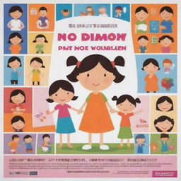 A child-friendly poster promoting non-violence against women, using simple, bright colors, friendly characters, and easy-to-understand language