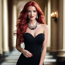 A beautiful woman with long red hair, wearing a striking red necklace