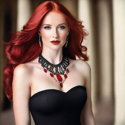 A beautiful woman with long red hair, wearing a striking red necklace