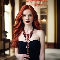 A young woman with long red hair, wearing a striking red necklace