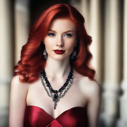 A young woman with long red hair, wearing a striking red necklace