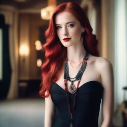 A young woman with long red hair, wearing a striking red necklace