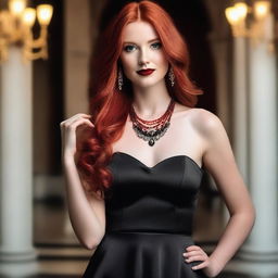 A young woman with long red hair, wearing a striking red necklace