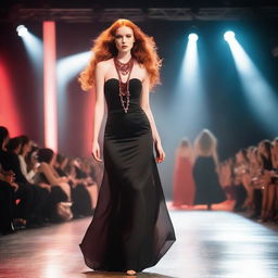 A young woman with long red hair, wearing a striking red necklace, walks confidently on a catwalk