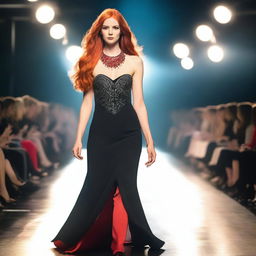 A young woman with long red hair, wearing a striking red necklace, walks confidently on a catwalk