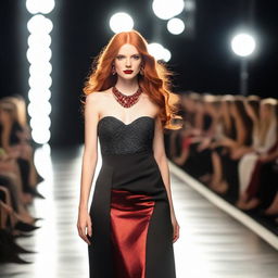 A young woman with long red hair, wearing a striking red necklace, walks confidently on a catwalk