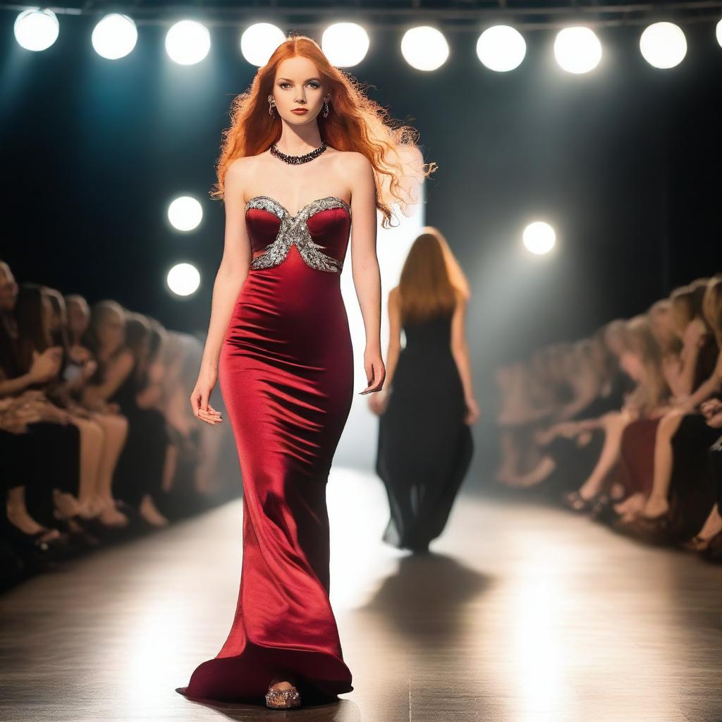 A young woman with long red hair, wearing a striking red necklace, walks confidently on a catwalk