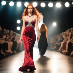 A young woman with long red hair, wearing a striking red necklace, walks confidently on a catwalk