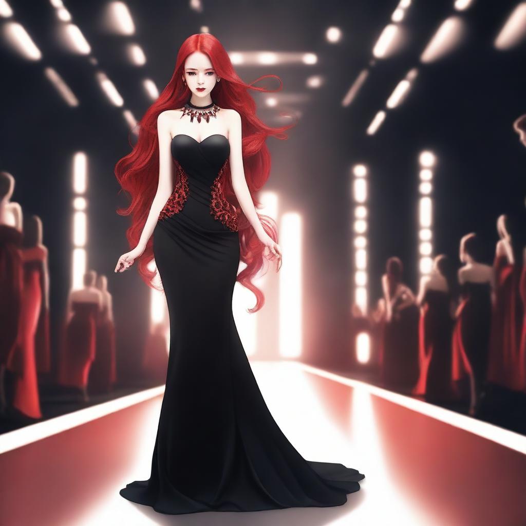 A demon girl with long red hair, wearing a striking red necklace, walks confidently on a catwalk