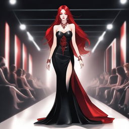 A demon girl with long red hair, wearing a striking red necklace, walks confidently on a catwalk