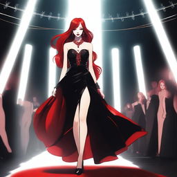 A demon girl with long red hair, wearing a striking red necklace, walks confidently on a catwalk