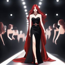 A demon girl with long red hair, wearing a striking red necklace, walks confidently on a catwalk