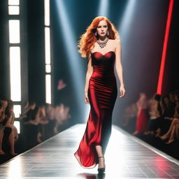 A young woman with long red hair, wearing a striking red necklace, walks confidently on a catwalk