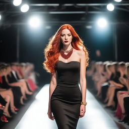 A young woman with long red hair, wearing a striking red necklace, walks confidently on a catwalk