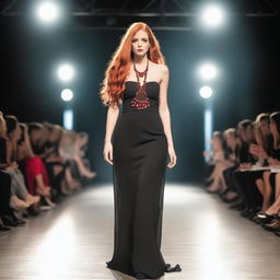 A young woman with long red hair, wearing a striking red necklace, walks confidently on a catwalk