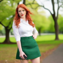 A beautiful redheaded woman with green eyes, dressed as a secretary in a skirt and high heels