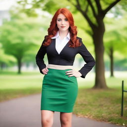 A beautiful redheaded woman with green eyes, dressed as a secretary in a skirt and high heels