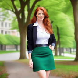 A beautiful redheaded woman with green eyes, dressed as a secretary in a skirt and high heels