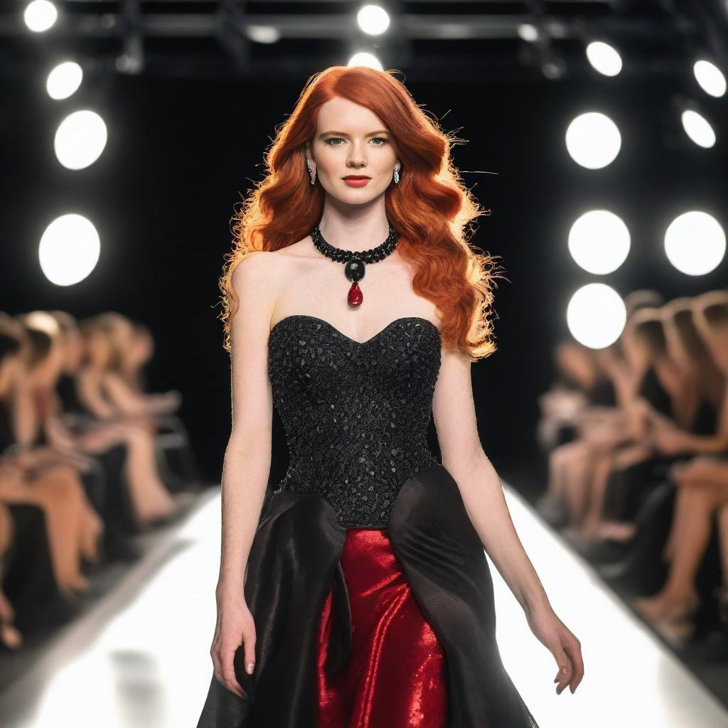 A young woman with long red hair, wearing a striking red necklace, walks confidently on a catwalk