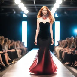 A young woman with long red hair, wearing a striking red necklace, walks confidently on a catwalk