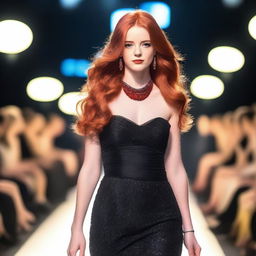 A young woman with long red hair, wearing a striking red necklace, walks confidently on a catwalk