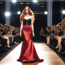 A young woman with long red hair, wearing a striking red necklace, walks confidently on a catwalk