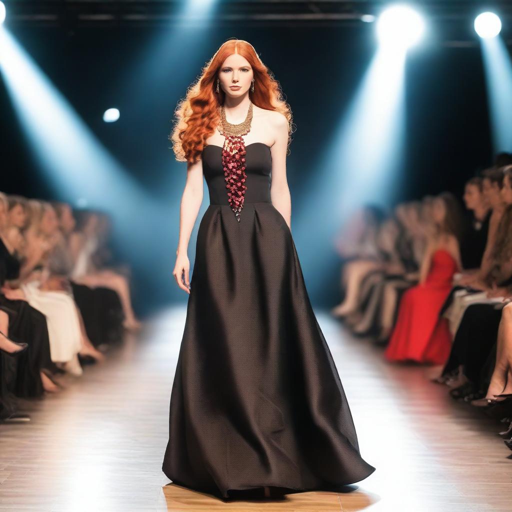 A young woman with long red hair, wearing a striking red necklace, walks confidently on a catwalk