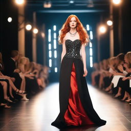 A young woman with long red hair, wearing a striking red necklace, walks confidently on a catwalk