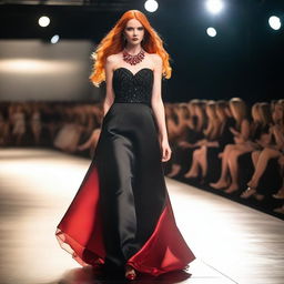 A young woman with long red hair, wearing a striking red necklace, walks confidently on a catwalk