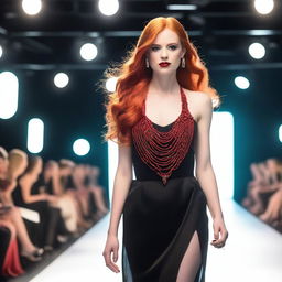 A young woman with long red hair, wearing a striking red necklace, walks confidently on a catwalk