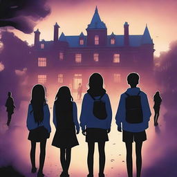 A beautiful mystery-themed book cover featuring six high schoolers, three girls and three boys, turned on their backs looking at a mysterious school