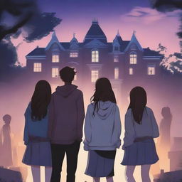 A beautiful mystery-themed book cover featuring six high schoolers, three girls and three boys, turned on their backs looking at a mysterious school