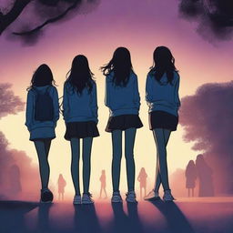 A beautiful mystery-themed book cover featuring six high schoolers, three girls and three boys, turned on their backs looking at a mysterious school