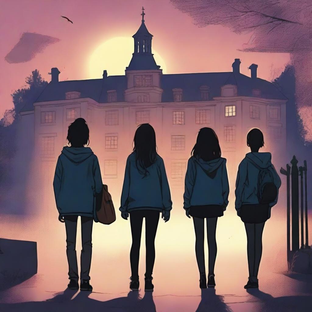 A beautiful mystery-themed book cover featuring six high schoolers, three girls and three boys, turned on their backs looking at a mysterious school