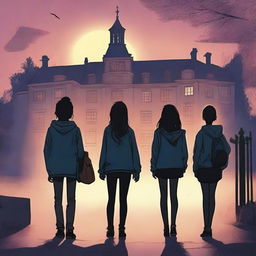 A beautiful mystery-themed book cover featuring six high schoolers, three girls and three boys, turned on their backs looking at a mysterious school