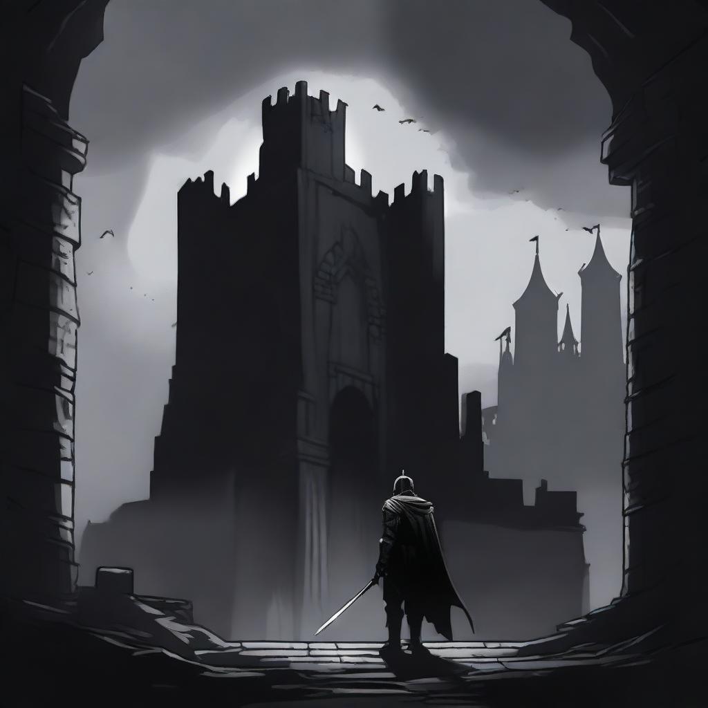 A dark illustration of a lone knight standing in front of the entrance to a dungeon