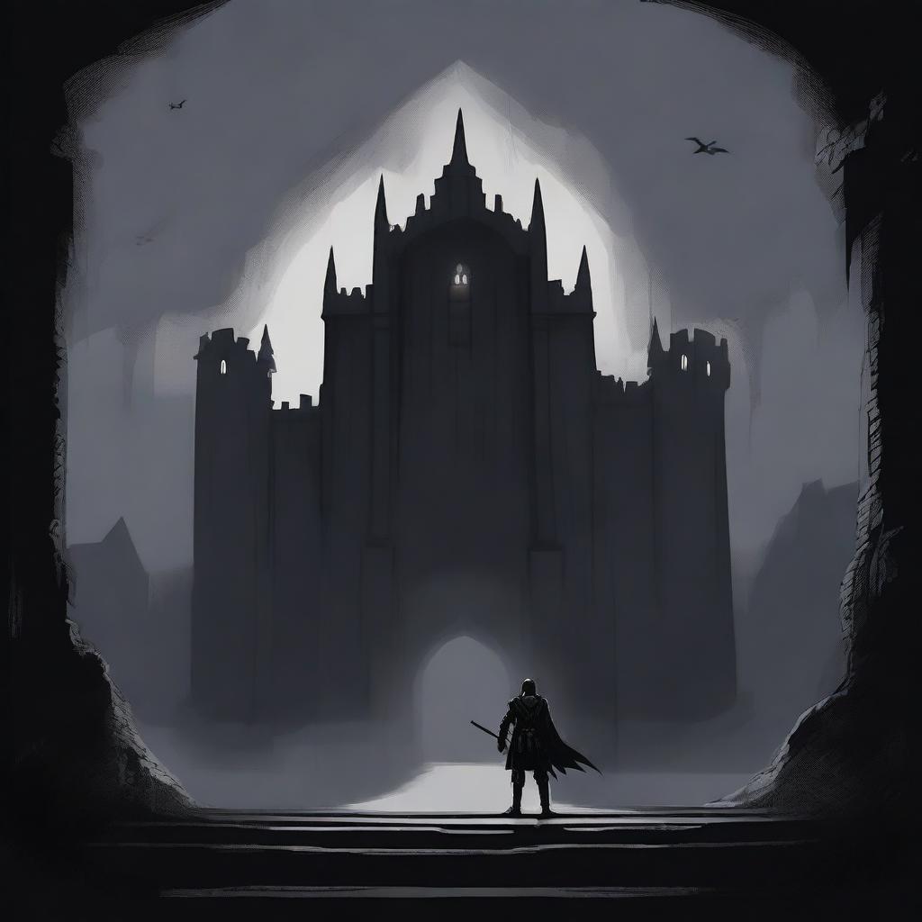 A dark illustration of a lone knight standing in front of the entrance to a dungeon