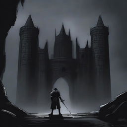 A dark illustration of a lone knight standing in front of the entrance to a dungeon