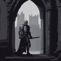 A dark illustration of a lone knight standing in front of the entrance to a dungeon