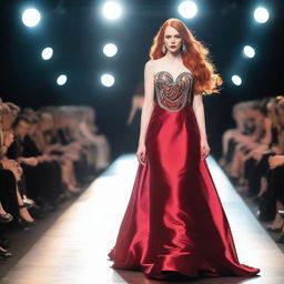 A young woman with long red hair and a striking red necklace walks confidently on a catwalk