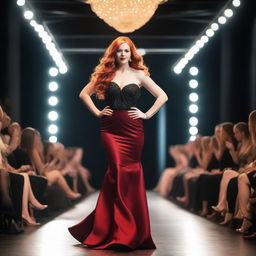 A young woman with long red hair and a striking red necklace walks confidently on a catwalk