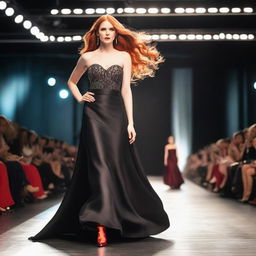 A young woman with long red hair and a striking red necklace walks confidently on a catwalk