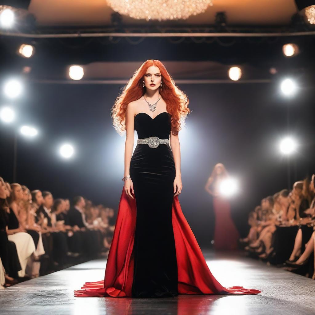 A young woman with long red hair and a striking red necklace walks confidently on a catwalk