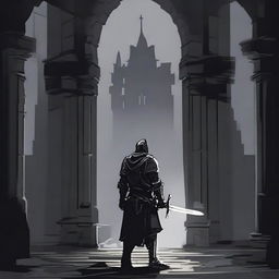 A dark illustration of a lone knight wielding a sword and a torch standing in front of the entrance to a dungeon