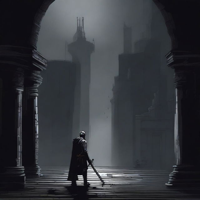 A dark illustration of a lone knight wielding a sword and a torch standing in front of the entrance to a dungeon